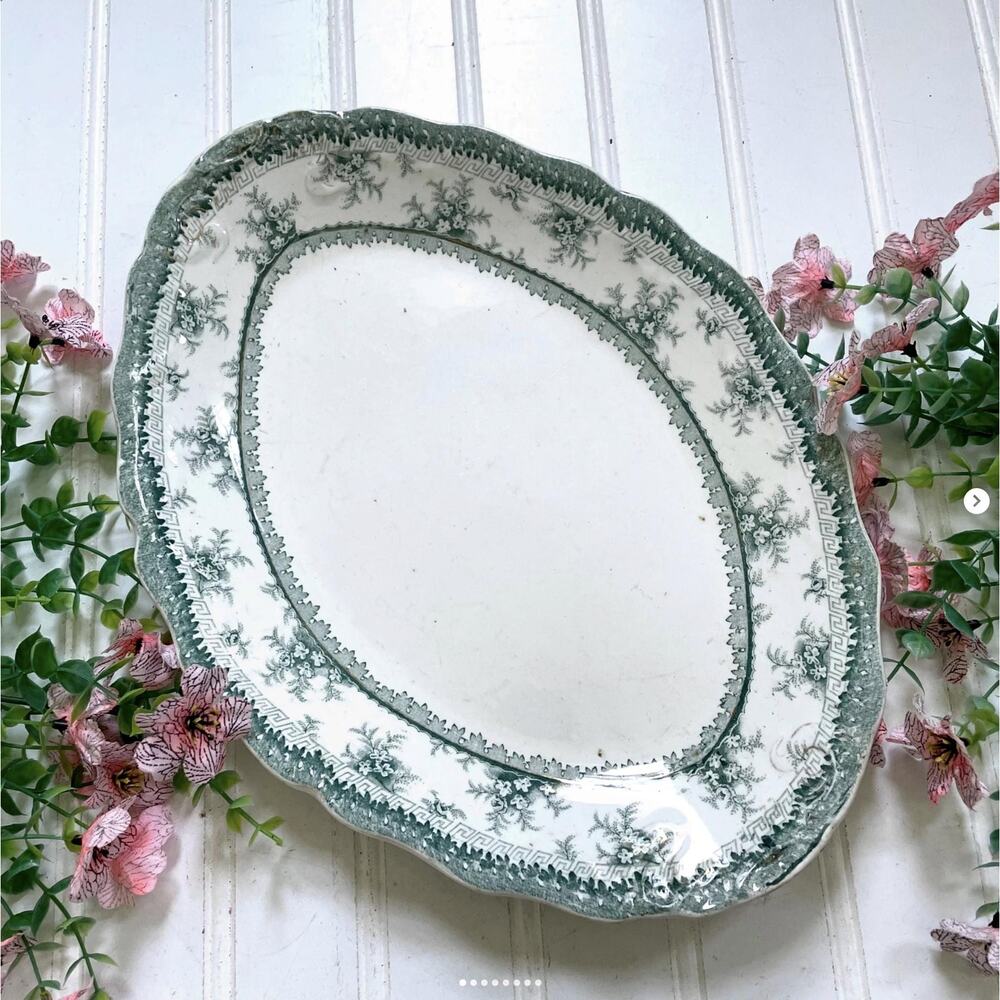 Vintage Maddock England Green Transferware Platter Tray Oval Scallop Hamilton